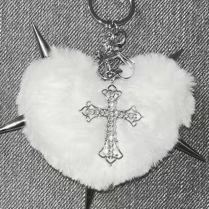 Punk Leopard Print Rivet Cross Keychain – Cool Grunge Rock Heart Bag Charm & Gothic Accessory