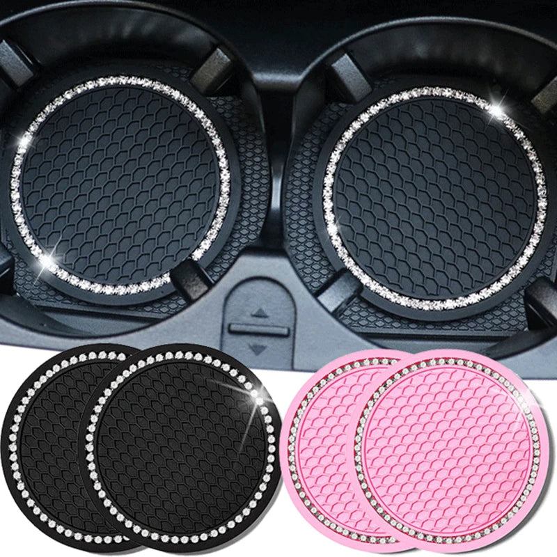 2-Piece Non-Slip Car Cup Holder Mats: Diamond Rhinestone Rubber Coasters, Anti-Skid Bottle Holder Pads for Auto Interiors (7cm)