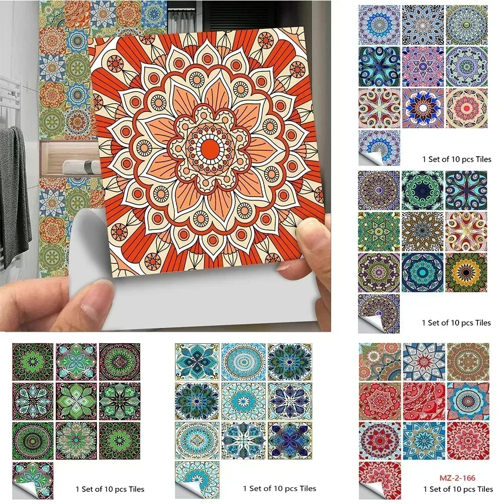 10pcs/set Mandala Style Crystal Hard Tiles Ceramics Wall Sticker Kitchen Wardrobe Decor Art Mural & Stick Wall Decals
