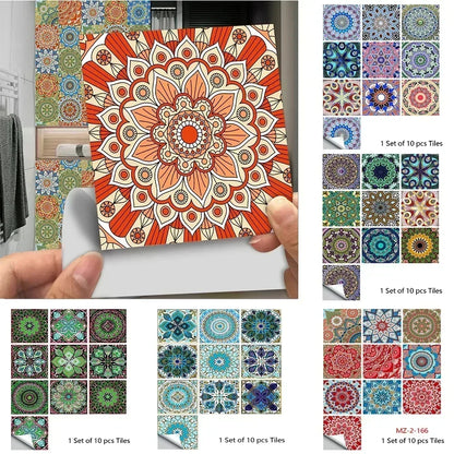 10pcs/set Mandala Style Crystal Hard Tiles Ceramics Wall Sticker Kitchen Wardrobe Decor Art Mural & Stick Wall Decals