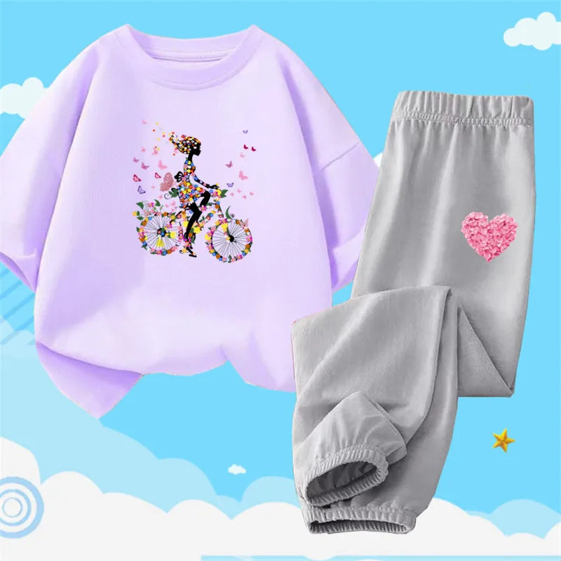 Teens Girls' 2-Piece Fashion Outfit: Princess Short Sleeve T-Shirt and Long Pants Tracksuit Set