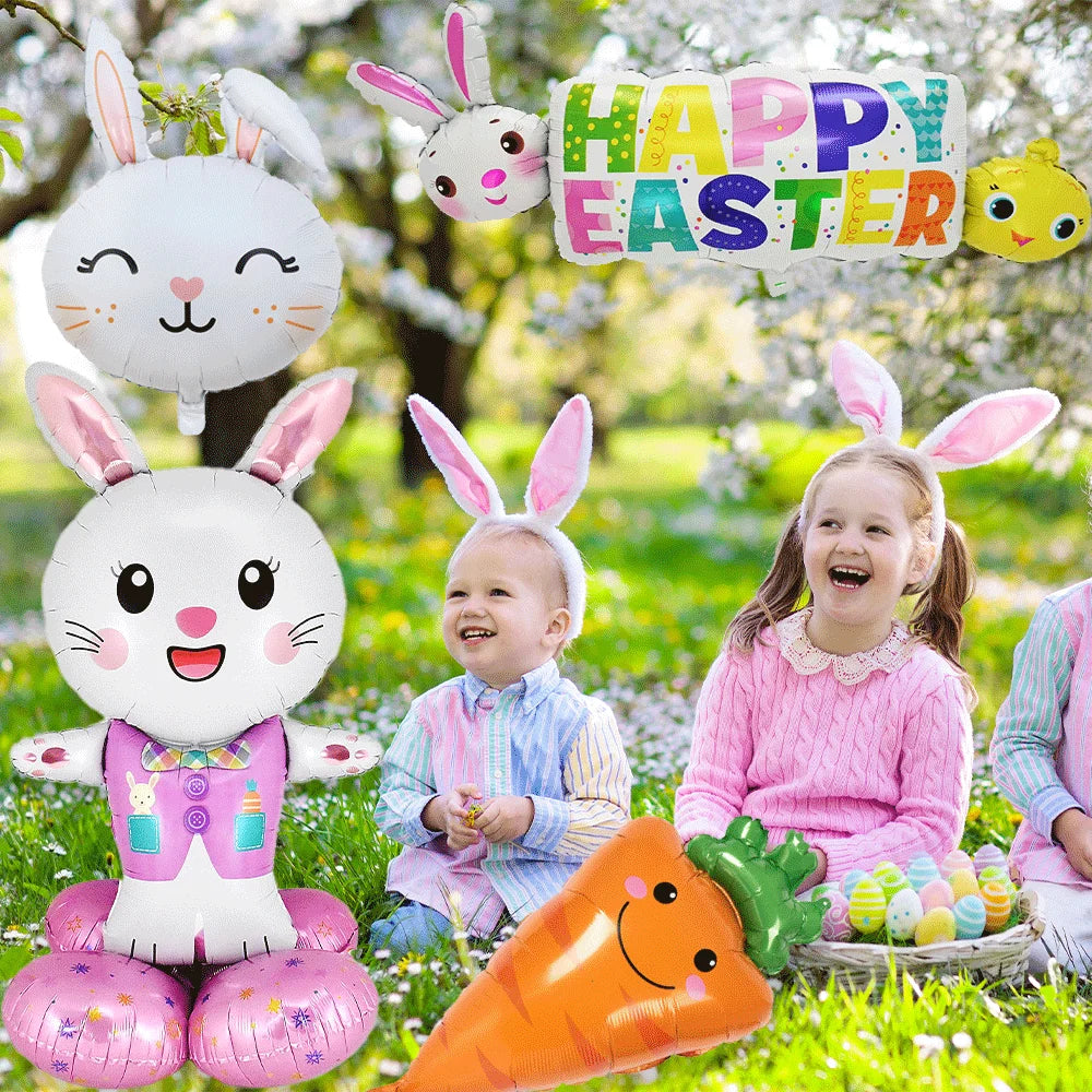 Happy Easter Party Decorations – Bunny & Egg Paper Plates with Cute White Rabbit and Carrot Foil Balloons, Kids Party Supplies & Favors