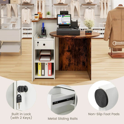 Reception Desk, Small Retail Checkout Counter with Lockable Drawer and Open Shelves, Wooden Computer Workstation, Customized