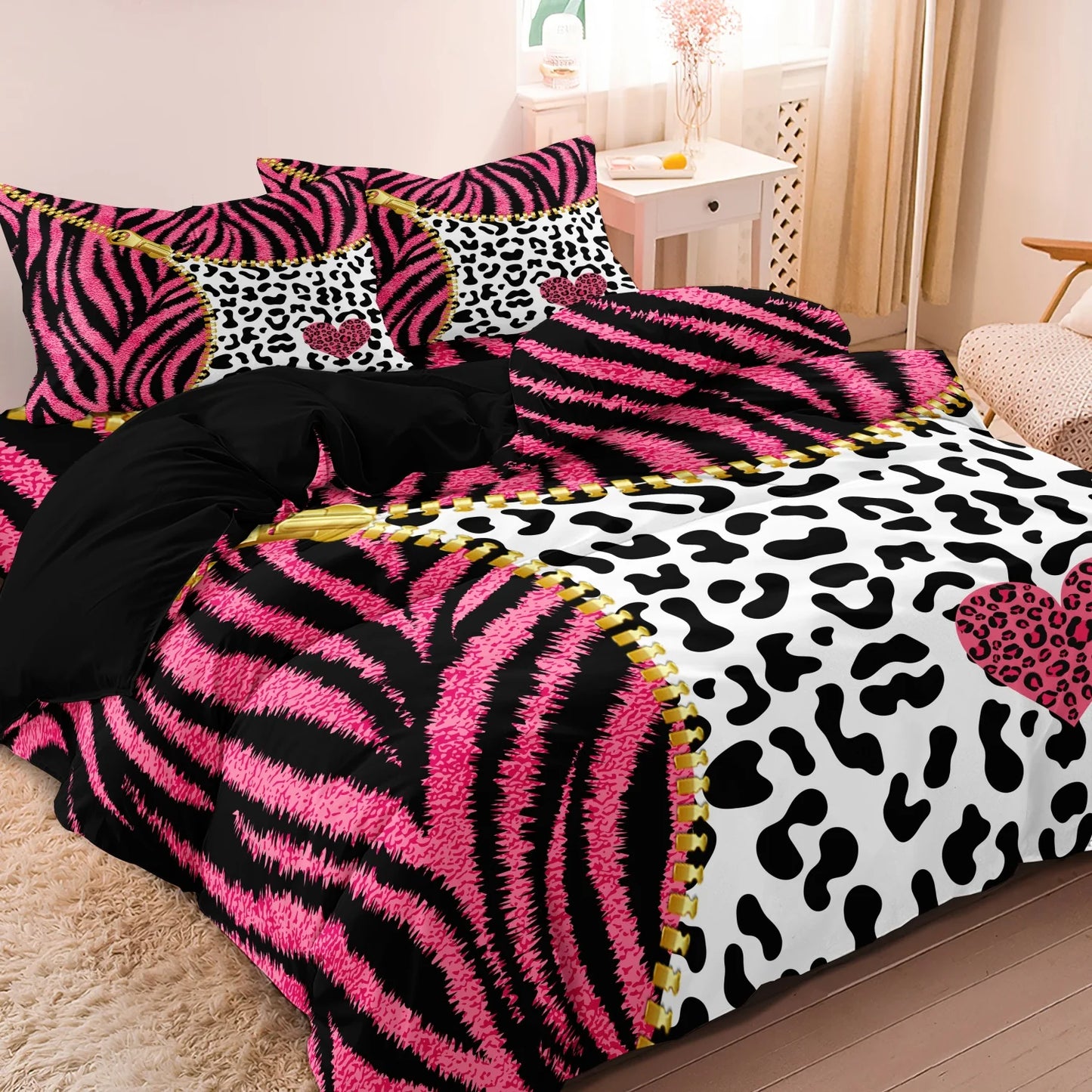 3pcs Duvet Cover Set in Red Leopard Print, Rose Red, and Black Zebra Stripe with Shiny Finish. Fashionable, Soft and Comfortable