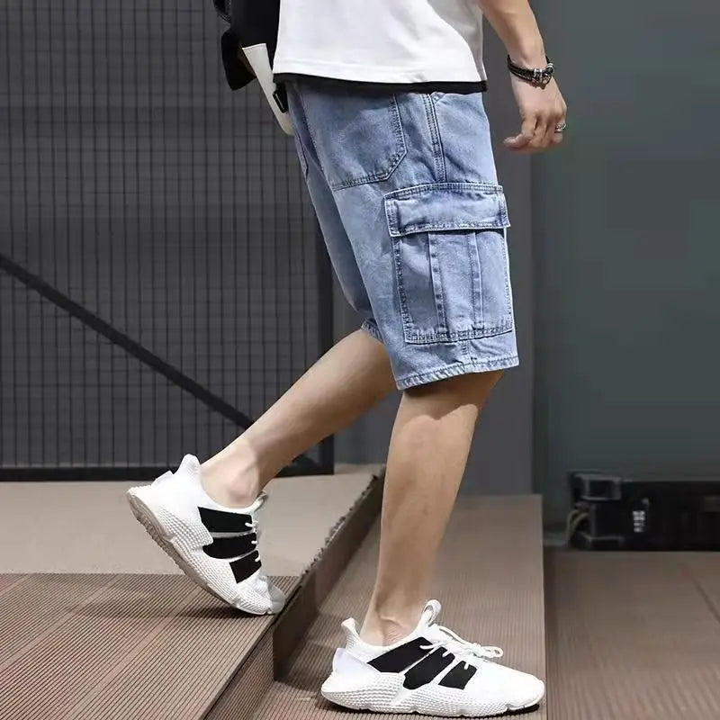 Men's Casual Loose Baggy Cowboy Pants Streetwear Cargo Summer Denim Jeans Straight Knee Length Shorts Male