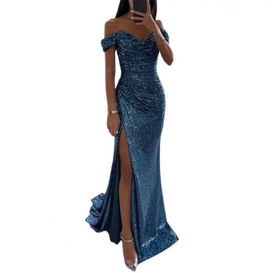 Off-shoulder Gown Dress Solid Color Long Sleeve Dress Elegant Sequin Off Shoulder Maxi Dress for Evening Party Prom V-neck Waist