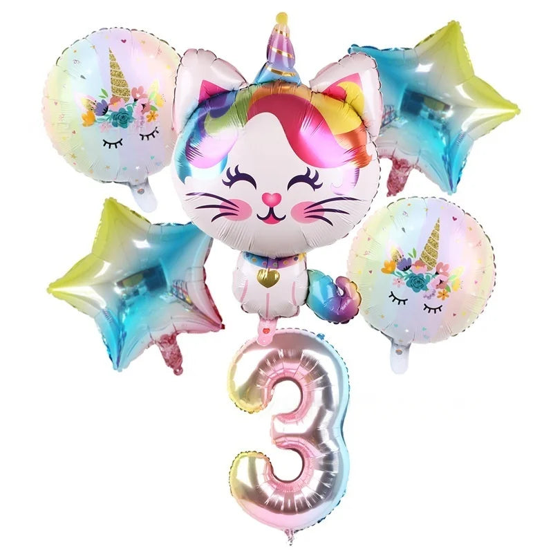 Rainbow Unicorn Cat Gradient Balloon Set (6pcs) – Birthday Party Decorations