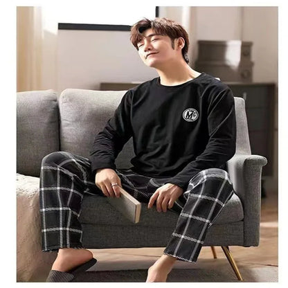 2PCS/Set Men's Pajamas Autumn Winter Long-Sleeved Fashion Soft Simple Casual Homewear Man Black Comfortable Striped Loungewear