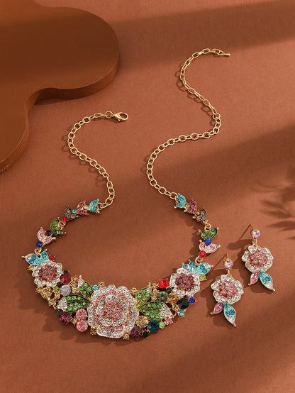 Mother’s Day Jewelry Gift:Luxury 3Pcs Rhinestone Flower Set for Women,Elegant Necklace&Dangle Earrings for Party Wedding Banquet