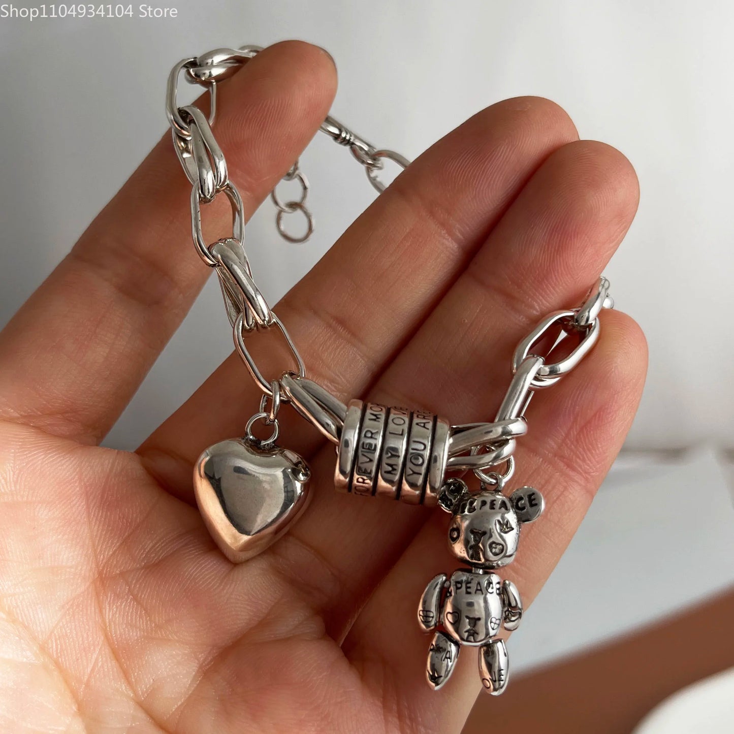 Solid 925 Sterling Silver Retro Bracelet for Women Men Vintage Handmade Heart Bracelet Birthday Gift