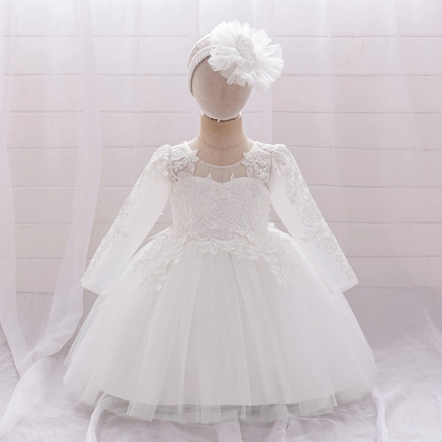 White Baptism Girls Long Sleeve Party Baby Girl Dresses Toddler Flower Embroidery 1st Birthday Gown Summer Evening Kids Clothes