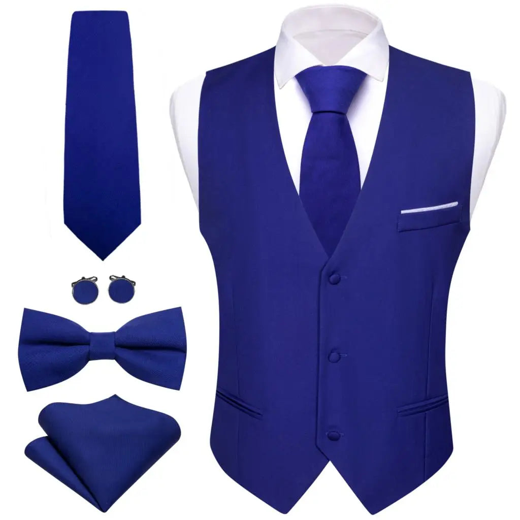 Designer Men's Vest Solid Silk Satin Waistcoat Tie Bowtie Hanky Set