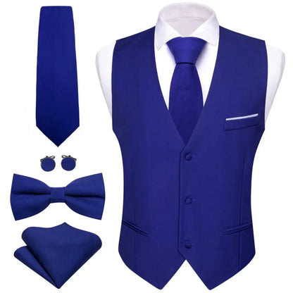 Designer Men's Vest Solid Silk Satin Waistcoat Tie Bowtie Hanky Set