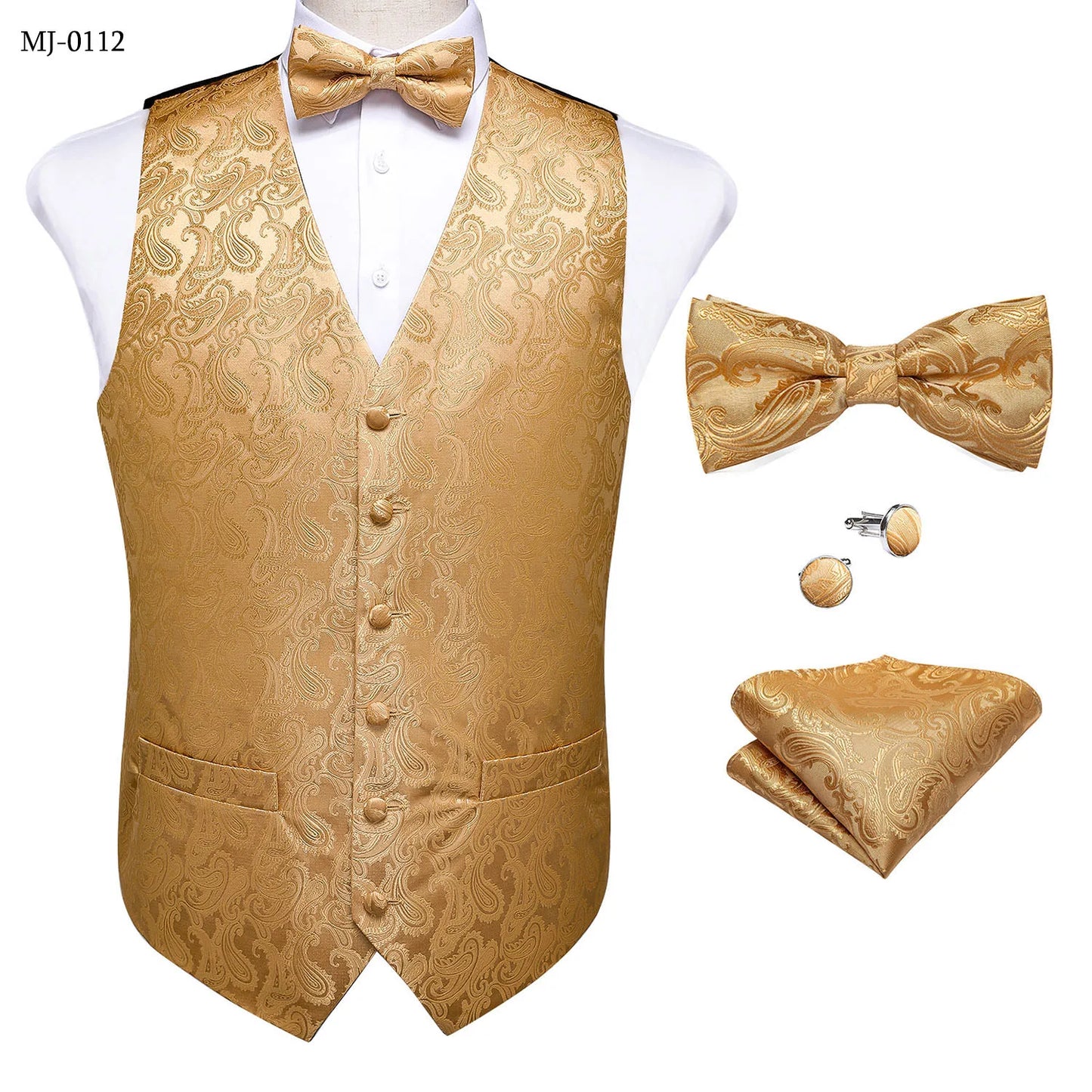 Suit Vest With Bow Tie Pocket Square Cufflinks Tuxedo Waistcoat for Men
