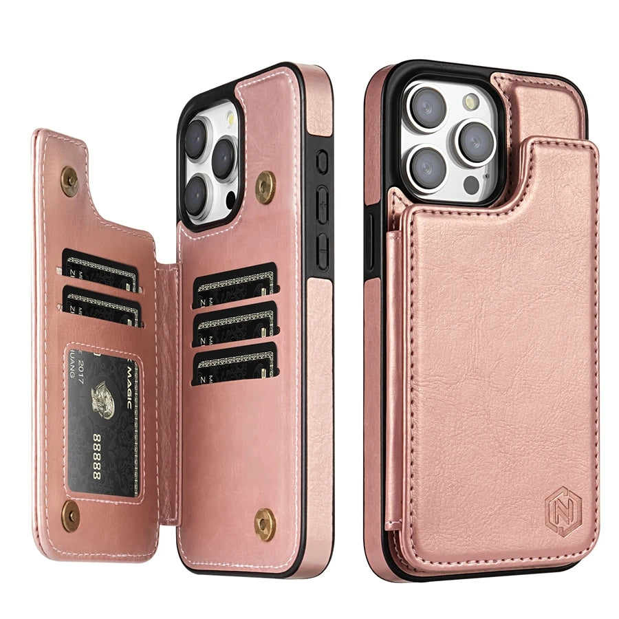 Magnetic Wallet Case for iPhone – Solid‑Color Leather Cover with Double Buckle, RFID‑Blocking Card Holder (iPhone 15/14/13/12/11, XR, XS, SE2, 8, 7)