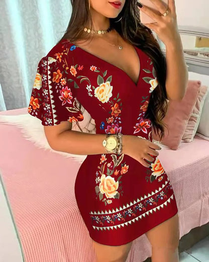 Summer Elegant Floral Print Bodycon Mini Dress Women 2024 Fashion Sexy Deep V-neck Package Hip Dresess Office Lady Party Dress