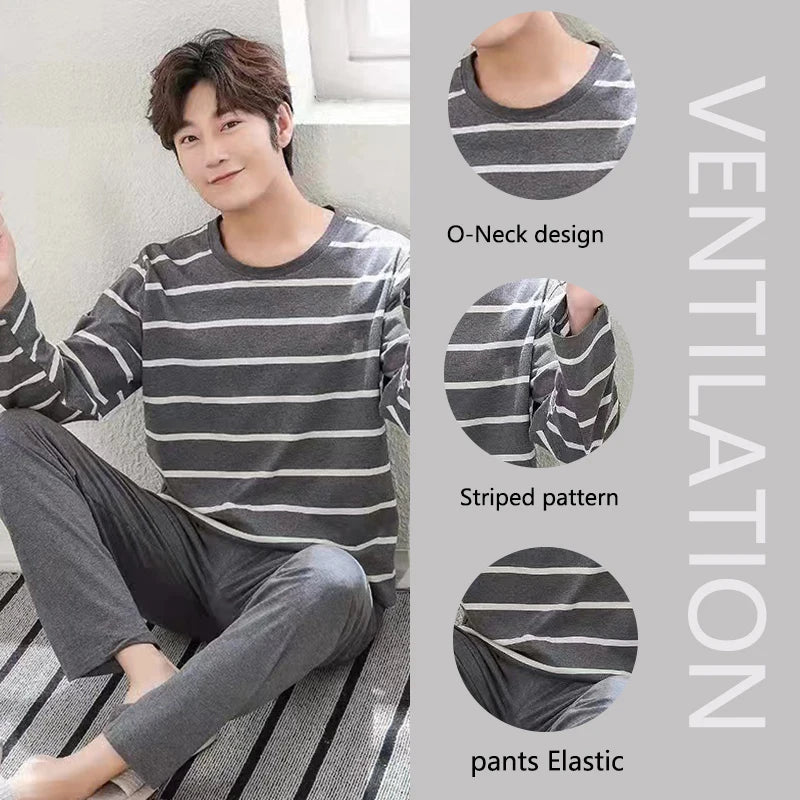 2PCS/Set Men's Pajamas Autumn Winter Long-Sleeved Fashion Soft Simple Casual Homewear Man Black Comfortable Striped Loungewear