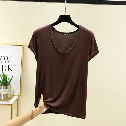 Women’s Plus Size U‑Neck Modal T‑Shirt (L–6XL) – Short Sleeve Solid Color Loose Tee