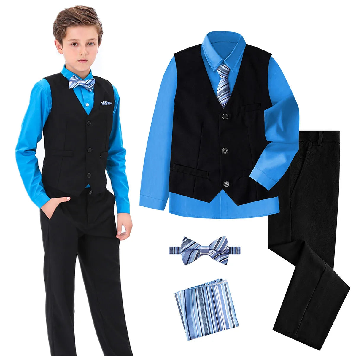 Boys Outfit Vest and Pants Suit Set for Formal Vest Set Blue and Black Size 14