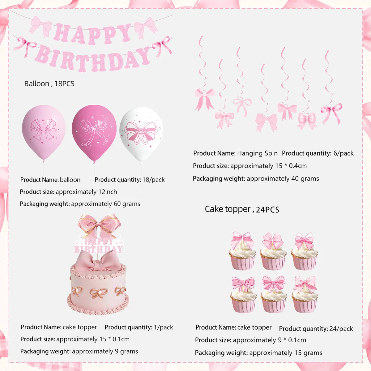 Pink Bow Birthday Theme Party Set Disposable