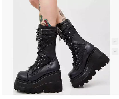 Spring Autumn Black Women Wedge Boots Platform Boots Knee High Motorcycle Boots Black Closed Toe Lace Up Long Boots Large size