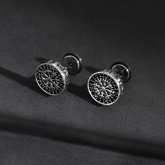 Vintage Gothic Norse Viking Stud Earrings for Men Boys, Rock Punk Runes Round Earrings, Fashion Piercing Jewelry Gift