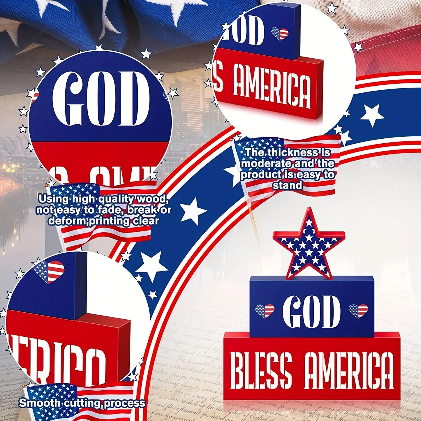 3Pcs 4th of July Patriotic Decorations GOD BLESS AMERICA Wooden Signs, Fourth of July Red White Blue Decorations for Memorial
