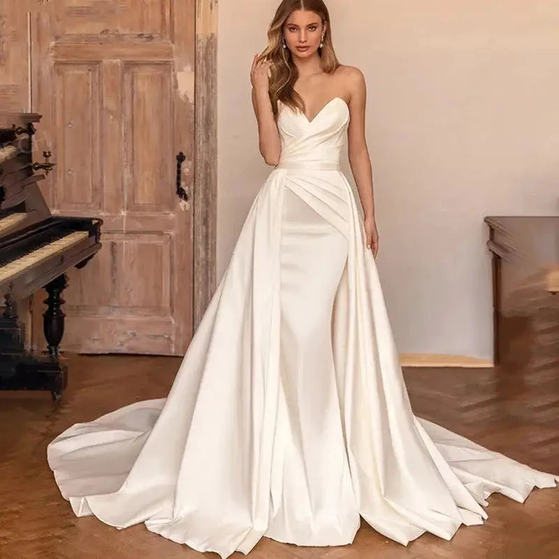 Customized 2 In 1 Detachable Train Wedding Dress Satin Sleeveless Simple Mermaid Princess Bride Gowns Vestido De Noiva