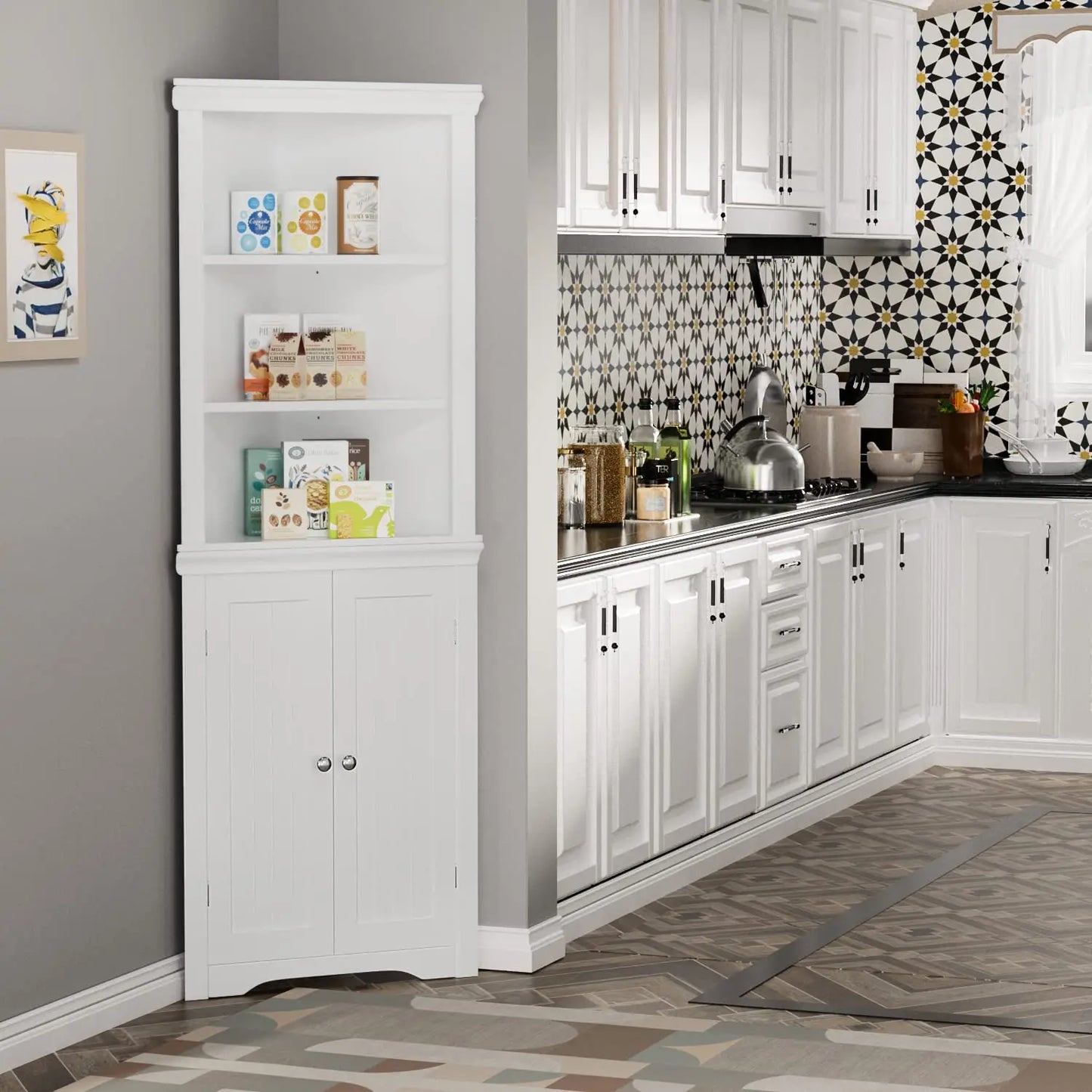 Corner Storage Cabinet 2 Door 3 Tier Shelves Freestanding Bathroom Living Room Bedroom Kitchen White, Customized