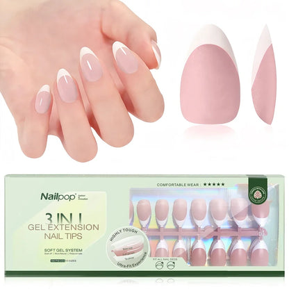 150PCS Short Coffin Press on Nails 3 in 1 Coat Soft Gel Nail Tips French Tip 15 Sizes