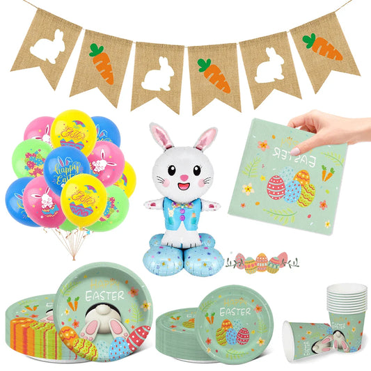 Happy Easter Party Decorations Bunny Eggs Paper Plates Cute White Rabbit Carrot Foil Balloons Kids Party Supplies Easter Favors