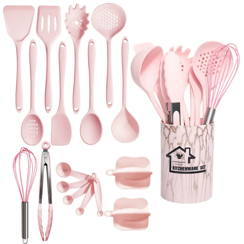Pink 18Pcs Food Grade Silicone Kitchen Cookware Utensils Set