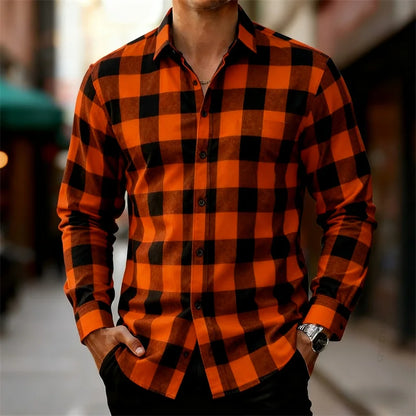 Men's classic red and black plaid long-sleeved shirt casual retro