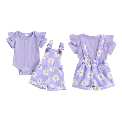 0-18months baby Girls summer Shorts  Set Short Sleeve Romper Flower Print Suspender Shorts Summer Outfit for  Toddler girls