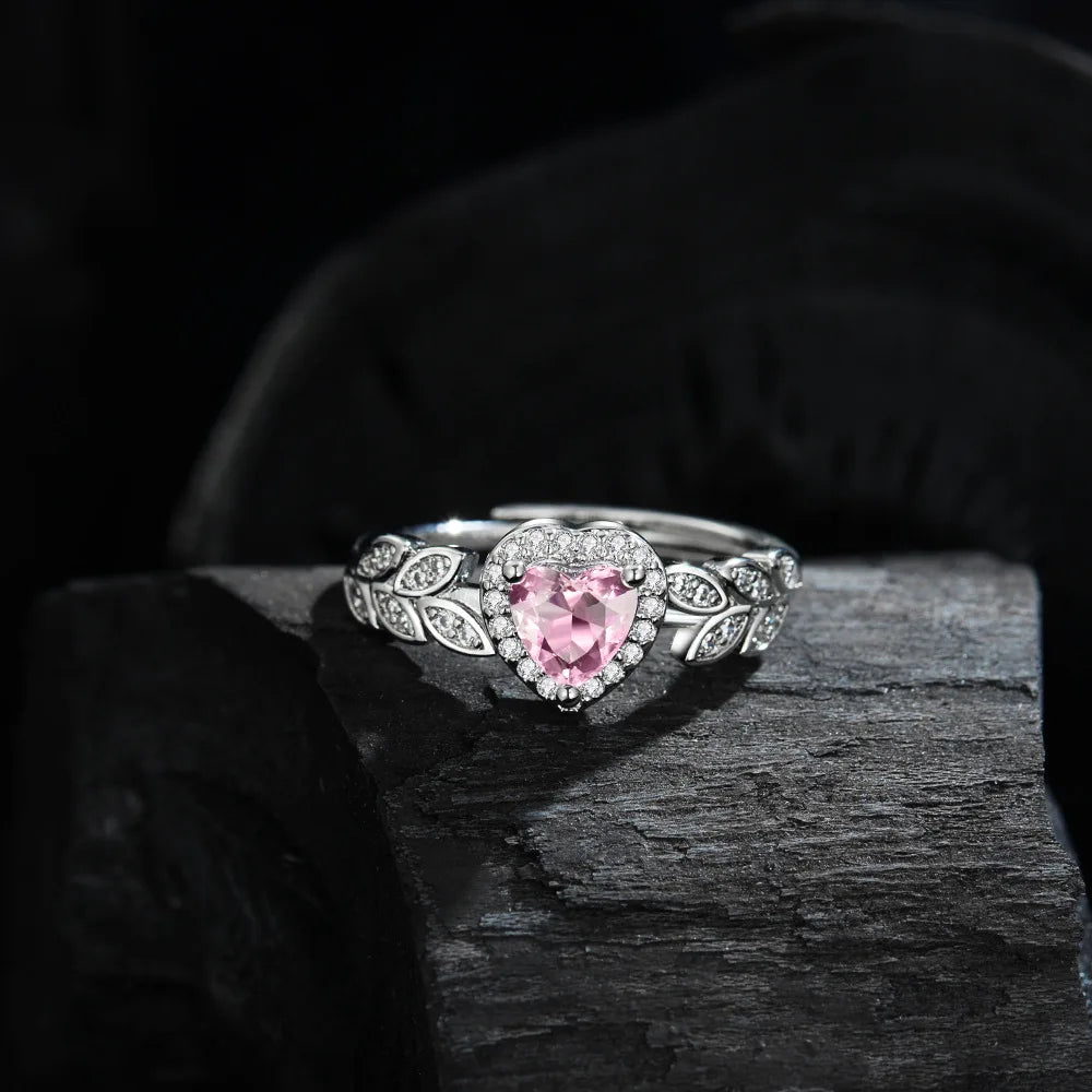 925 Sterling Silver Ring Pink Heart-shaped zirco luxury Opening Adjustable For Women Wedding Fine Jewelry Accessories Party Gift