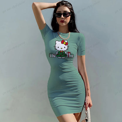 Women Hello Kitty Print Mini High Waist Casual Short Sleeve Dress