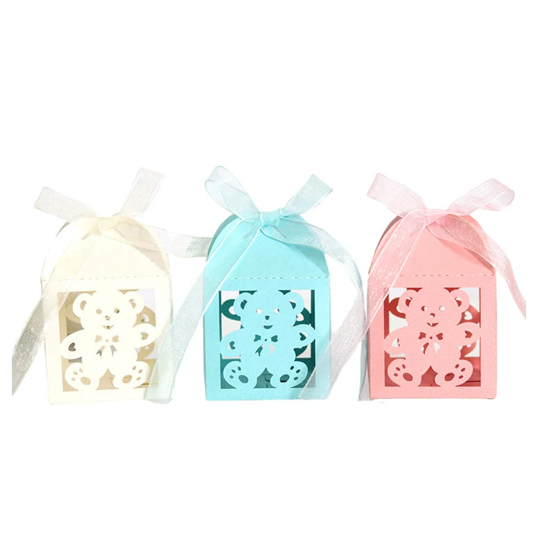 10Pcs Little Bear Candy Boxes Sweet Wedding Favor Gift Packaging Box With Ribbon Baby Shower Birthday Children's Day Party Decor