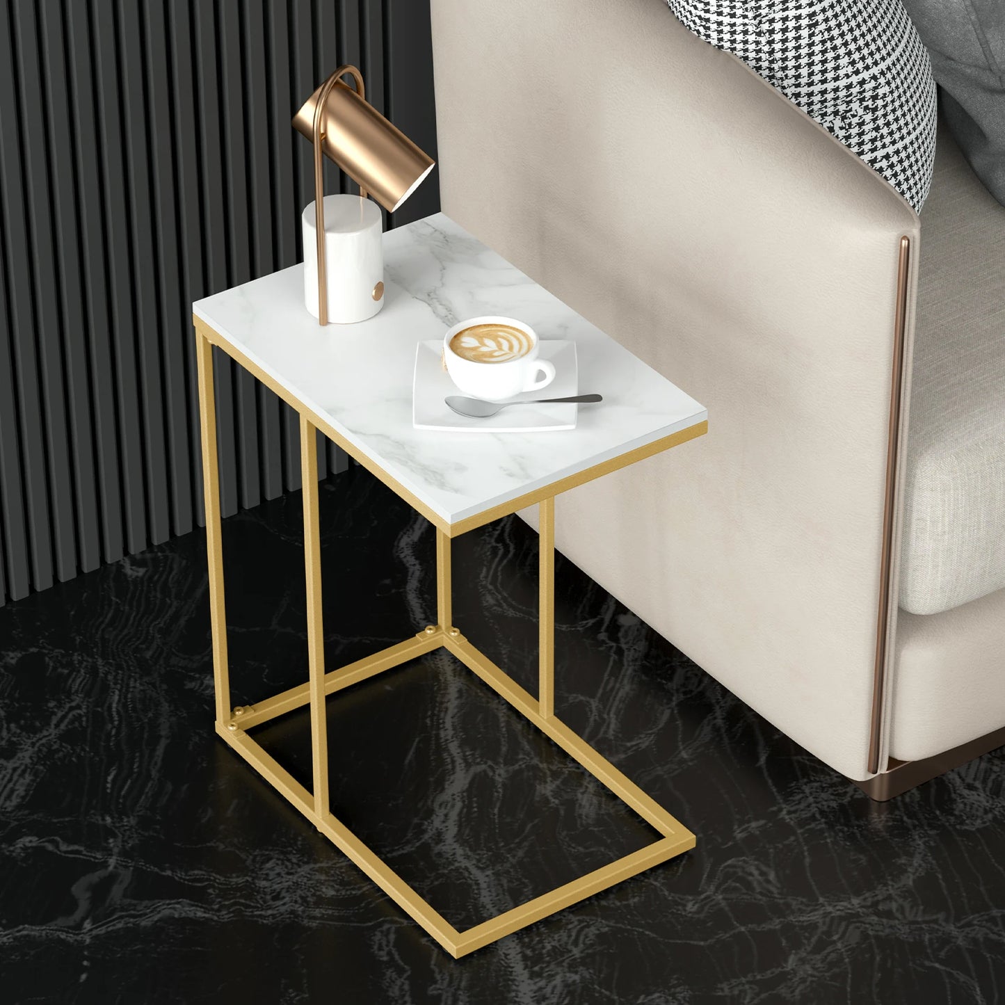 LUVODI Modern C Shaped Sofa Side Table Small Marble Laptop Corner Coffee Table with Metal Frame