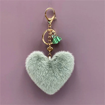 Rainbow Heart Pompom Keychain – Colorful Plush Ball Tassel Bag Charm for Women