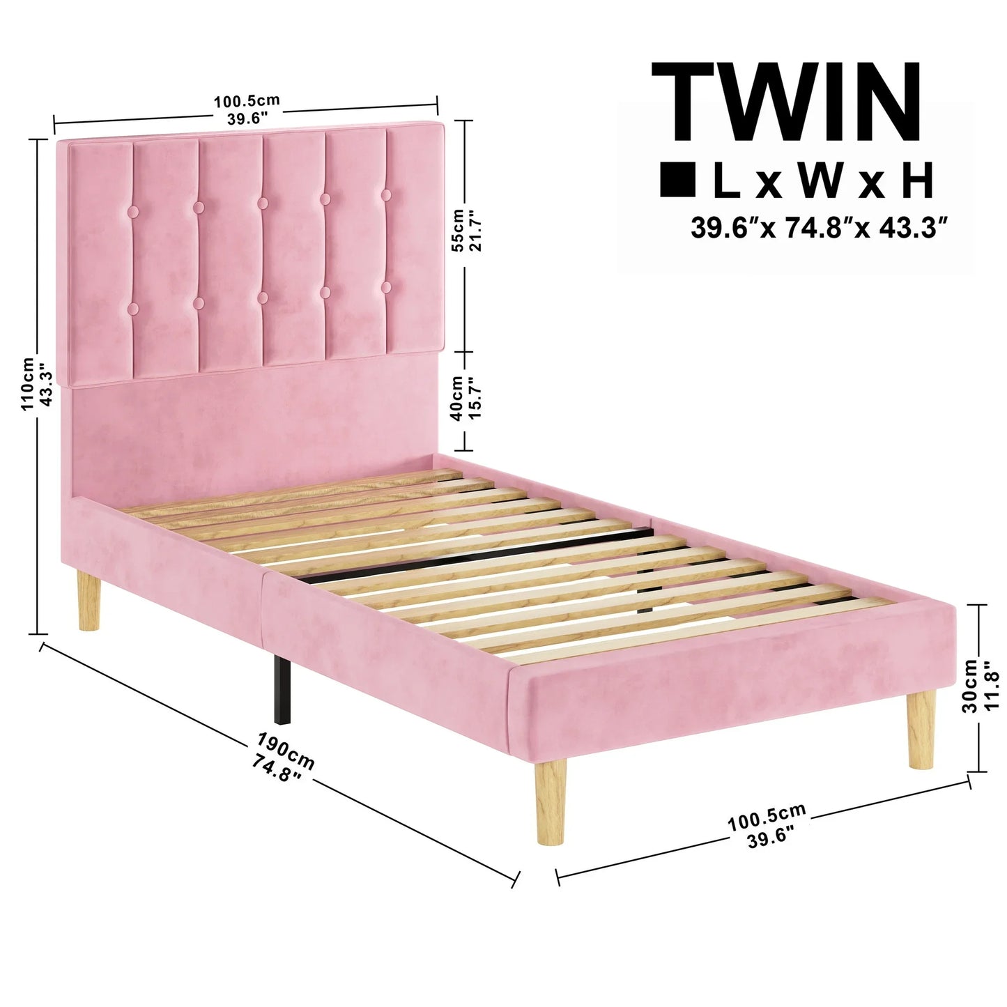 LIKIMIO Twin Bed Frames, Velvet Upholstered Platform Bed Frame with Headboard and Strong Wooden Slats, Pink/Grey/Blue/Beige