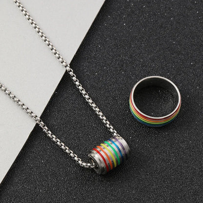 Fashion Rainbow Pride Jewelry Set for Men Women Stainless Steel Colorful Enamel Stripe Pendant Necklace Ring LGBT Gay Love Gift