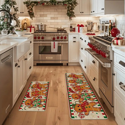 1/2PCS Lovely Christmas Gingerbread Man Crystal Velvet Kitchen Floor Mat Easy Care Floor Mat