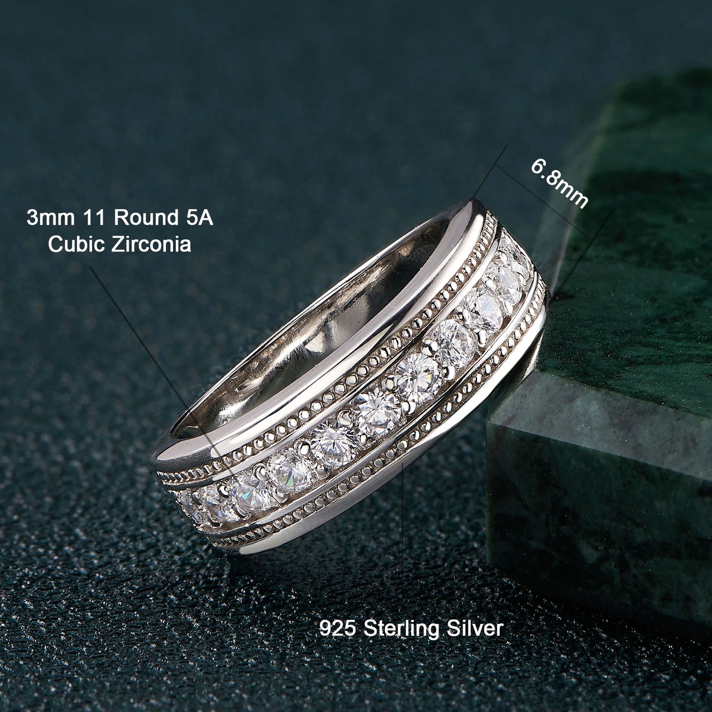 Newshe Genuine 925 Sterling Silver Wedding Rings for Men Half Eternity Brilliant Round Cut Cubic Zircon White Gold Jewelry