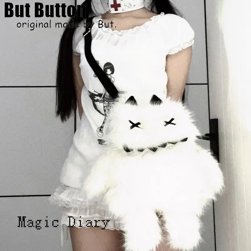 Gothic Lolita Y2K Plush Little Monster Backpack – Black & White Cute School Bag