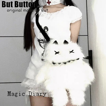 Gothic Lolita Y2K Plush Little Monster Backpack – Black & White Cute School Bag