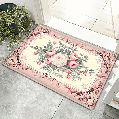 Sweet Rose Print Doormat Non-slip Floral Printed Floor Rug Washable Throw Carpet For Bathroom Living Room Kitchen Home Decor Mat