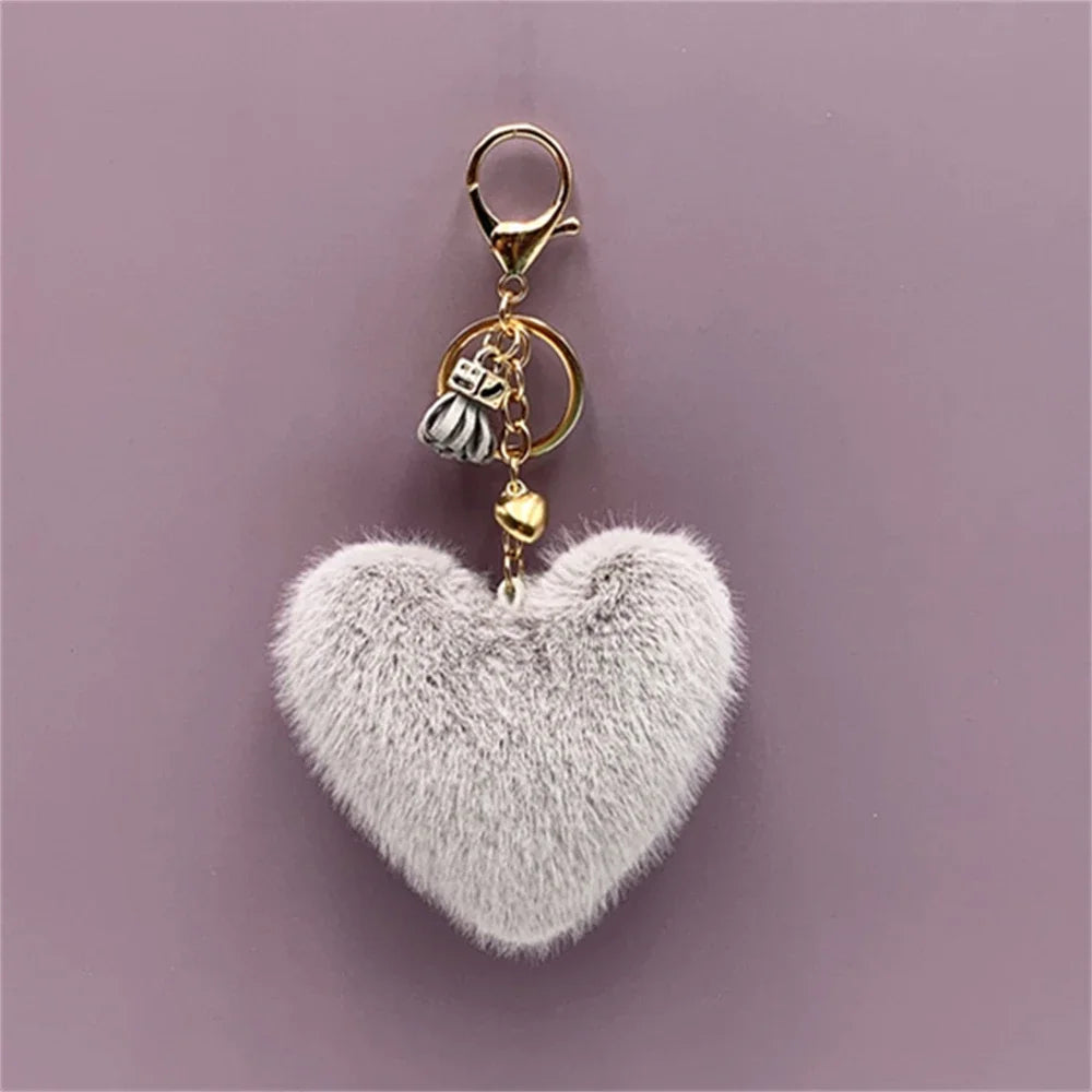 Rainbow Heart Pompom Keychain – Colorful Plush Ball Tassel Bag Charm for Women