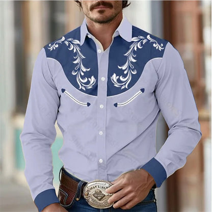 Men’s Retro Western Shirt – Long Sleeve Stretch Top (S–5XL)