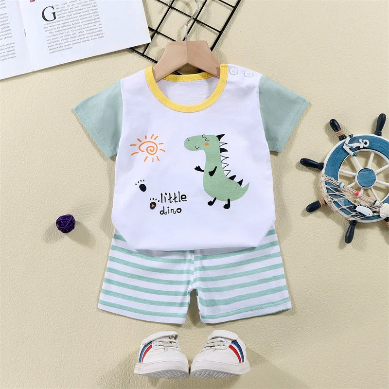 Cotton Cartoon Zebra Dinosaur Print Tracksuit Set 2-Piece Kids Summer Clothes Tee Shorts for Boys Girls 1-6 Years