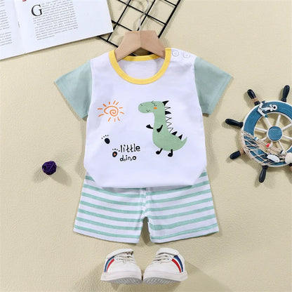 Cotton Cartoon Zebra Dinosaur Print Tracksuit Set 2-Piece Kids Summer Clothes Tee Shorts for Boys Girls 1-6 Years